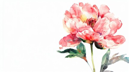 A single pink peony, watercolor on white background