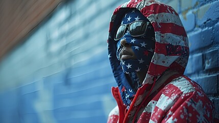 A protester dressed in an American flag outfit - face covered by flag material - American dream - civil disobedience - college - patriotic - free speech 