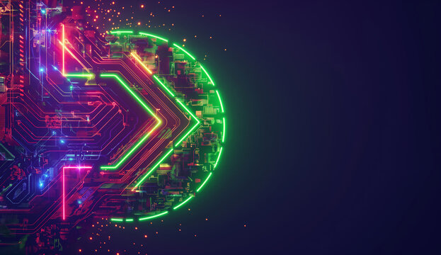 A neon arrow illuminates a circuit board against a dark background, symbolizing navigation or direction within technology. Ideal for futuristic designs. Generative AI.