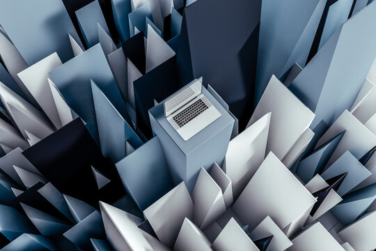 Laptop on Tower Surrounded by White and Blue Objects