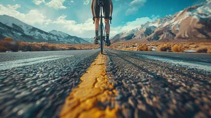 Obraz premium A man is riding a bicycle on a road with a mountain in the background