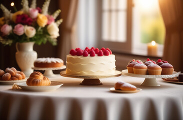 A table with a white tablecloth has a beautiful cake and a lot of cakes and sweets and flowers