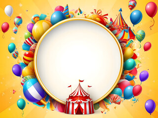 a round frame with colorful objects on a yellow background, birthday, bright background, round background, carnival background, and poster background design.