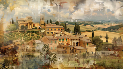 Obraz premium Creative collage of Tuscany's natural beauty with lush vineyards and rolling hills bathed in golden sunset glow