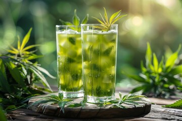 Cannabis-infused green drinks with ice and cannabis leaves garnish in tall glasses. Outdoor setting with sunlight. Beverage and refreshment concept.