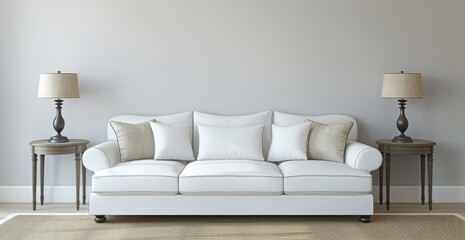 A simple white sofa with two side tables and lamps, against an empty wall in the living room, showcasing clean lines and a modern design