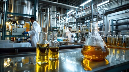 An image of a laboratory within a petrochemical plant, with scientists analyzing samples and conducting research to ensure product quality, captured with professional lighting