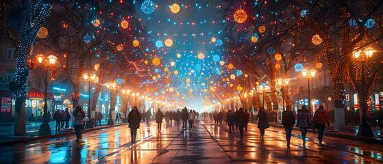 A street decorated with Islamic-themed lights for Eid-al-Adha, with families walking and celebrating