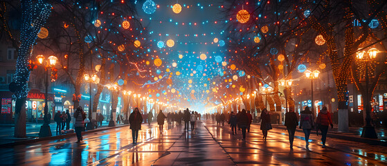 Obraz premium A street decorated with Islamic-themed lights for Eid-al-Adha, with families walking and celebrating