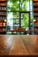A wooden table in the foreground with a blurred background of a library reading room. The background features tall bookshelves filled with books, comfortable reading chairs and large windows