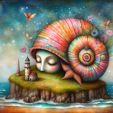 Mixed madia painting of a whimsical sea shell