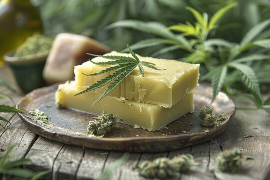 Blocks of cannabutter with added cannabis leaves on a rustic plate. Close-up food photography. Edible and culinary concept.