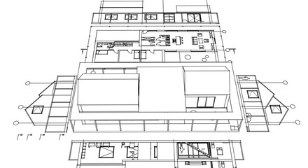 house architectural project sketch 3d illustration	