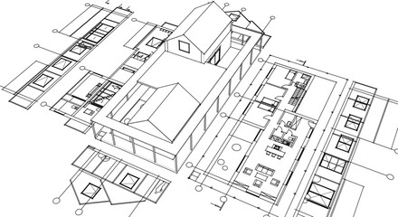 house architectural project sketch 3d illustration	