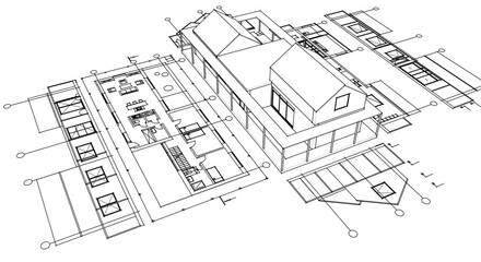 house architectural project sketch 3d illustration	