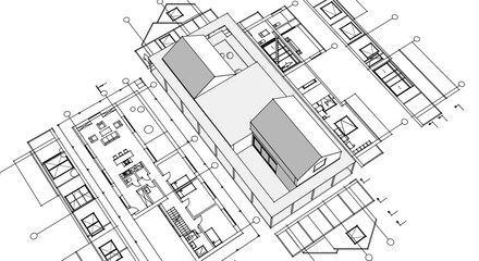 house architectural project sketch 3d illustration	