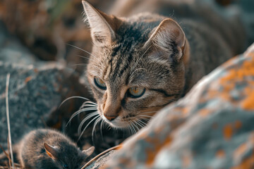 A cat relaxes on a large rock next to a small kitten, symbolizing comfort and companionship in the wild. Perfect for illustrating familial bonds in nature. Generative AI.