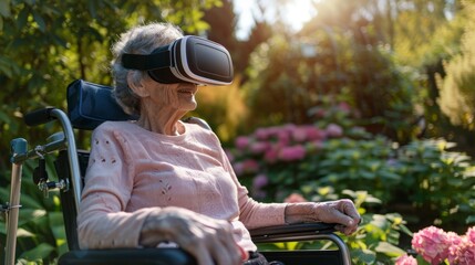 Seniors woman in a wheelchair wearing virtual reality glasses playing the game. Older woman with vr headset in garden, concept of virtual travel or vr immersion in game. Modern technology concept - Powered by Adobe