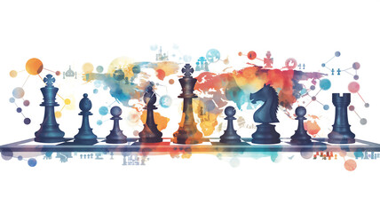 Chess pieces lined up against a colorful world map background with interconnected abstract network patterns, symbolizing global strategy and connection.