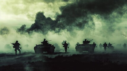 Silhouettes of military fighting under a cloudy sky tanks and armored vehicles fighting against the fog of war background