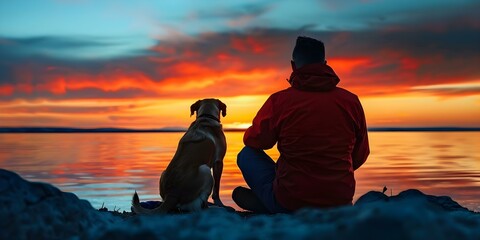A man and his faithful dog enjoying a sunset by the water. Concept Pets, Sunset, Outdoors, Nature, Friendship