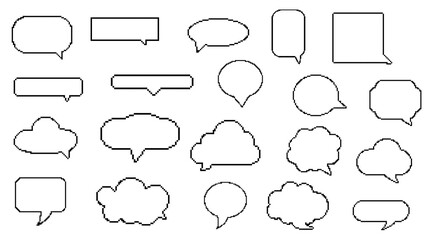 Obraz premium Set of pixel art line speech bubbles. Dialogue box in 8 bit style. Modern vintage vector illustration. Text boxes for chats and games. Various talk balloon shapes in retro 90's style