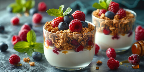 Yogurt Parfait: Dessert made of Greek yogurt layered with granola, fresh berries, and honey.