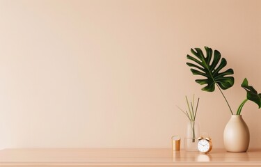 A sleek, modern desk with minimalist decor including an elegant gold ring on the table and monstera plant in a vase
