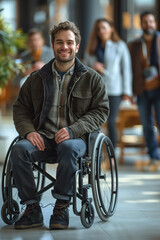 Obraz premium Young man in a wheelchair works with normal people with confidence in the office.