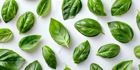 Green Basil Leaves: Natural Asian Herb Spice on White Background. Concept Food Photography, Fresh Ingredients, Culinary Art, Asian Flavors, White Background