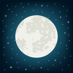 Realistic full moon with star. Cartoon flat style. Vector illustration