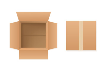 Realistic set of cardboard boxes, open and closed top view. Blank packaging model for packaged product, gift, surprise. Top view. Vector illustration