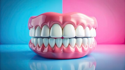 White teeth on pink and blue background