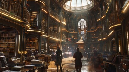 Naklejka premium Two people explore a grand library filled with books and elegant wooden furniture, bathed in natural light from a dome.