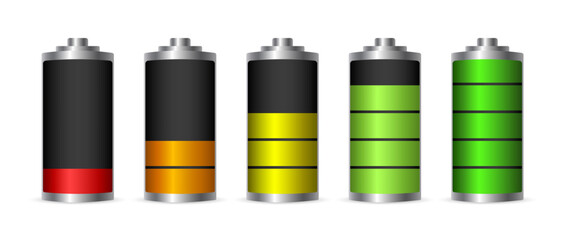 Discharged and various level energy alkaline batteries infographic set. Different Battery charge level. Wireless charging energy sign. Discharged power sources. Vector illustration