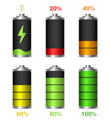Discharged and various level energy alkaline batteries infographic set. Different Battery charge level. Wireless charging energy sign. Discharged power sources. Vector illustration