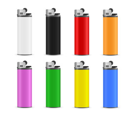 Set of Blank Colored Plastic Lighters isolated on white background. Graphic template for web design. Vector illustration