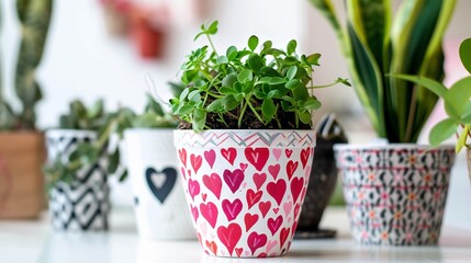 flower in a pot,Round plant pot with heart shape pattern