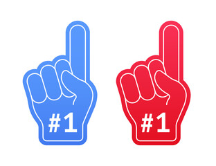 Foam fan finger hand with number one. Fan gloves with thumbs up, team support. Number one fan glove, sign of support for sports concept. Vector illustration