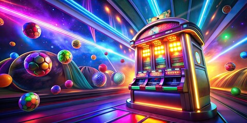 Casino slot machine with colorful lights and spinning reels in a vibrant casino setting