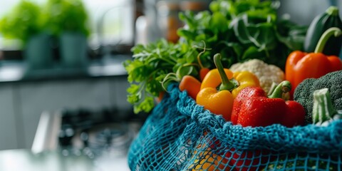 Fresh vegetables in a blue mesh bag. Organic produce and healthy eating concept. Banner with copy space