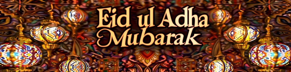 A festive display of Ramadan lanterns in traditional patterns, "Eid ul Adha Mubarak" written in a festive, ornate font in the middle of a richly patterned background.
