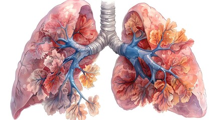 Pulmonology illustration of human respiratory system highlighting lungs trachea and bronchi with labels