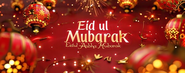 A festive red and gold scene with Ramadan lanterns resembling fireworks, "Eid ul Adha Mubarak" in a festive font centrally placed on a vibrant red background.