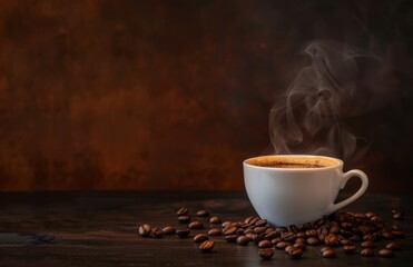 Fototapeta premium A steaming cup of coffee and scattered beans on the table, against dark brown background