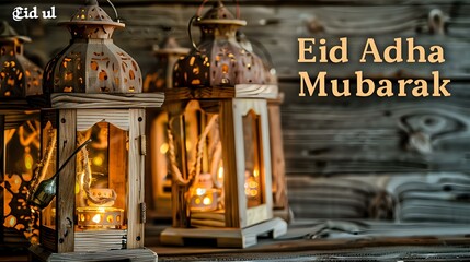 A rustic theme with wooden Ramadan lanterns on a barn wood background, "Eid ul Adha Mubarak" in a rustic, country-style font.