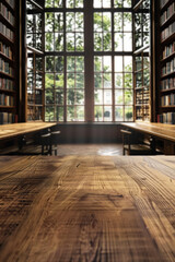 A wooden table in the foreground with a blurred background of a library reading room. The background features tall bookshelves filled with books, comfortable reading chairs and large windows