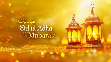 A bright and sunny setting with yellow and gold Ramadan lanterns, the text "Eid ul Adha Mubarak" in a sunny, cheerful font on a golden yellow background.