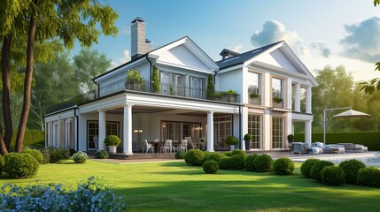 Obraz premium Modern Luxury Home with Large Porch and Expansive Landscape on a Sunny Day