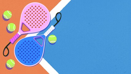 Top view of paddle tennis rackets and balls on empty court